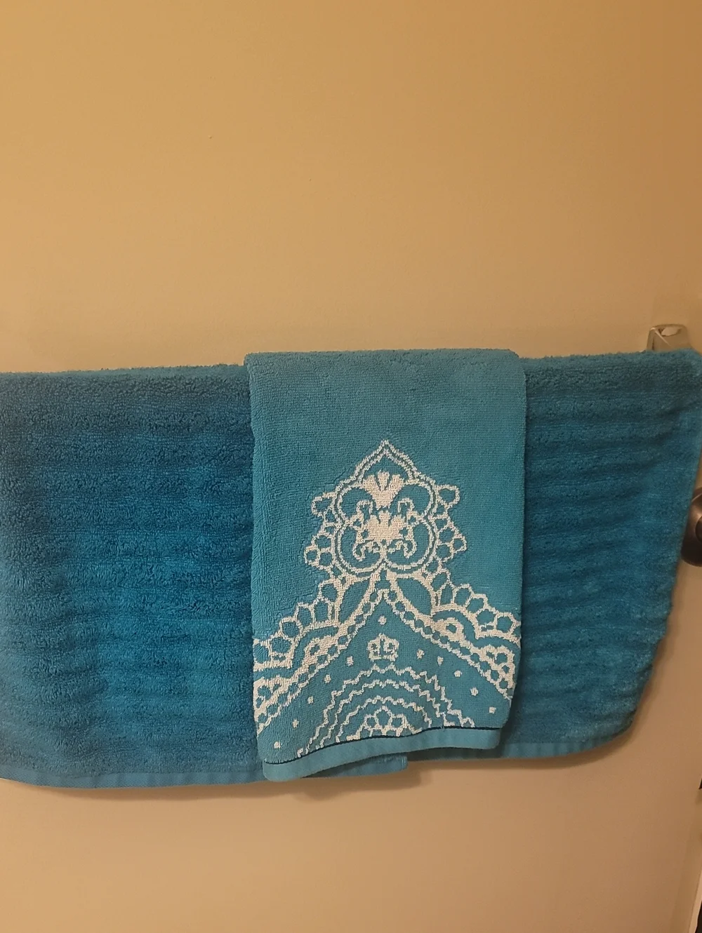 Teal Decorative Cotton Hand Towel with White Lace Pattern